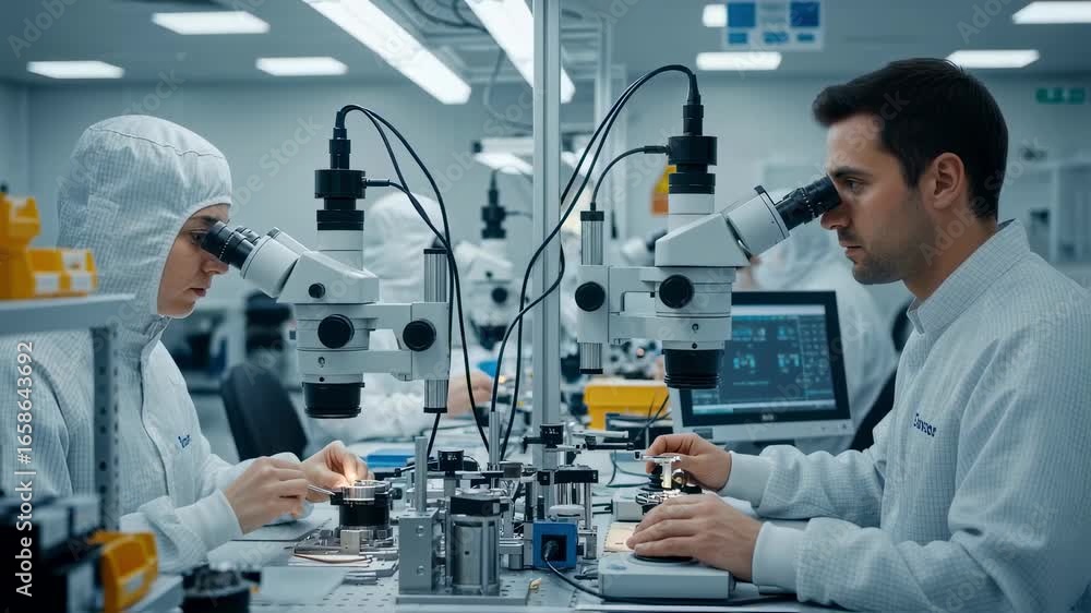 Poster engineers using microscopes to align gyroscope axes precisely during the assembly process in a dedic