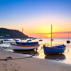 Fototapeta premium Sunrise over a beach with moored boats