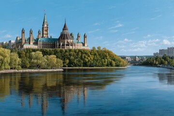Fototapeta premium Stunning panorama of Canadian Parliament buildings overlooking the Ottawa River on a bright sunny day