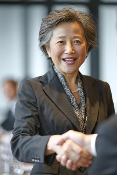 Senior asian female businesswoman in a boardroom meeting clients