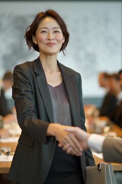 Young asian female financial consultant in a boardroom meeting clients
