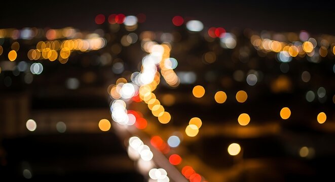 Abstract cityscape bokeh lights at night showcasing urban life and glowing blurred movement