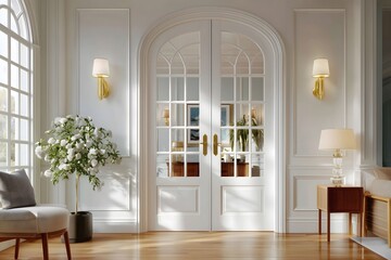 Interior door scene white lattice glass double doors a gold wall lamp on the wall next to the door and solid wood flooring The soft bright lighting creates a t.