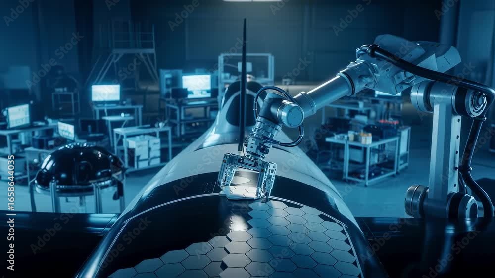 Poster industrial robot arm precisely placing ceramic heatshield tiles on suborbital spaceplane mockup in a