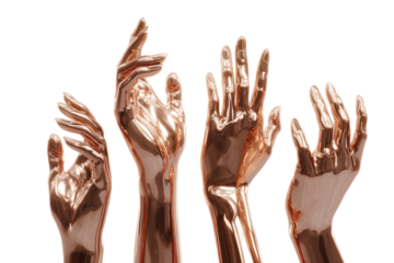 Four polished rose gold hands, raised in various gestures, against a black background