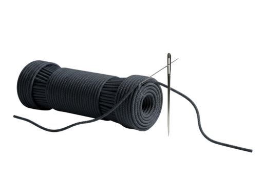 Pristine, coiled charcoal cord with a sleek silver needle precisely threaded through a loop on a transparent studio surface with soft high-key lighting. Concept of meticulous craftsmanship