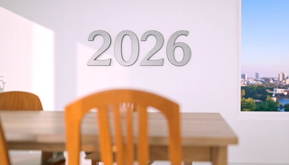 Anticipating 2026: A Sunlit Room with a Blurred Table and a View of the City