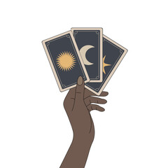 African American female hand holding tarot cards, minimalism, isolated on white, fortune telling