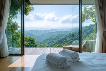 Modern hotel room with a forest view and a beautiful terrace