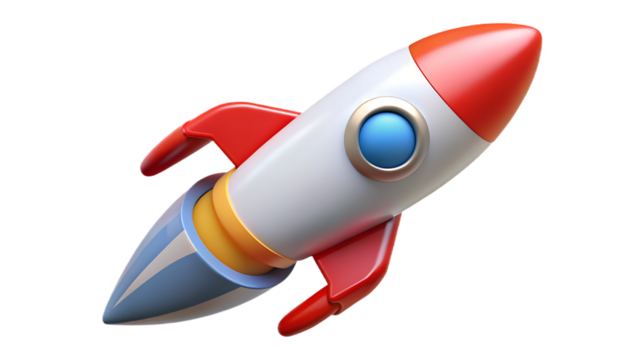 Red and white 3D cartoon rocket ship with blue stripes