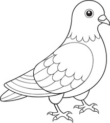 Cartoon pigeon line art illustration in black and white designed as a simple kids coloring and educational activity page