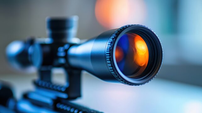 Close up photo of rifle scope showcasing its detailed lens and sleek design, emphasizing precision and clarity in shooting