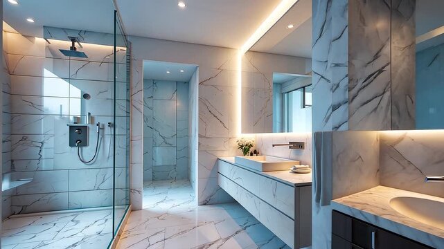 Spacious modern bathroom with marble walls glass shower cabin double sinks and warm lighting in luxury home interior