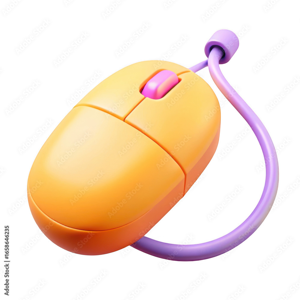Poster 3d orange computer mouse with purple cord isolated on transparent background