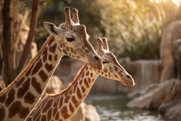 Obraz premium Majestic giraffes gracefully observing their surroundings near a serene water feature in a tranquil jungle setting at sunset