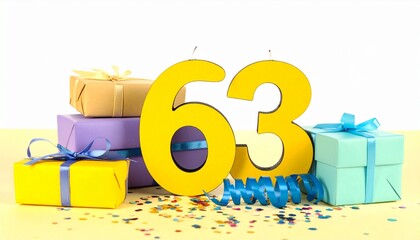 Nicely wrapped presents and gift boxes with number 63. Photo for birthday or anniversary party