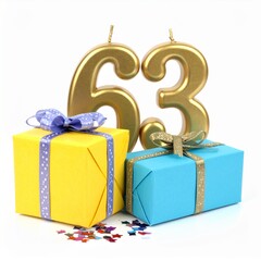 Nicely wrapped presents and gift boxes with number 63. Photo for birthday or anniversary party
