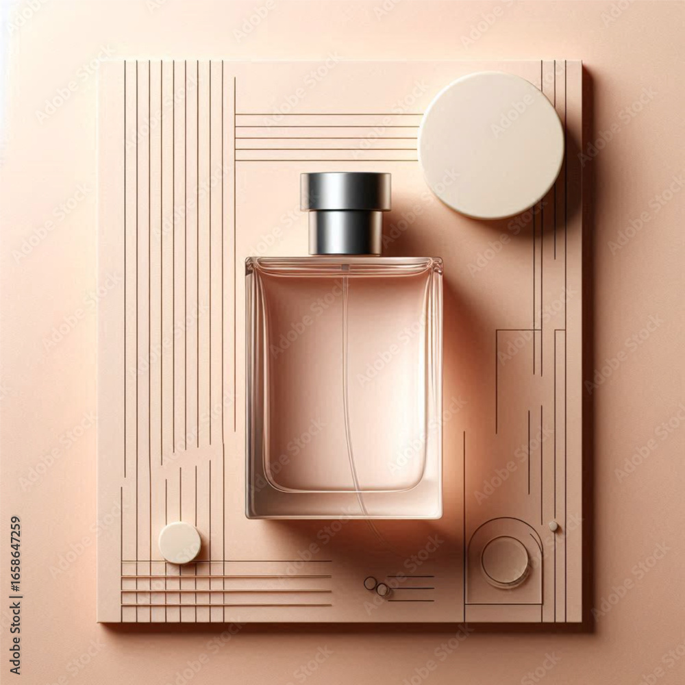 Poster elegant perfume bottle displayed on a minimalist background with geometric shapes and soft colors