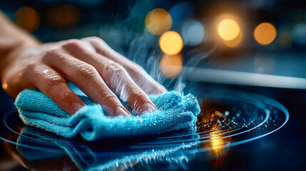 Hand wiping a glass stovetop with a blue cloth, cleaning surface