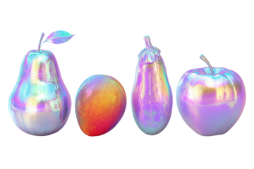 Four iridescent fruits in a row, pear, mango, eggplant, apple