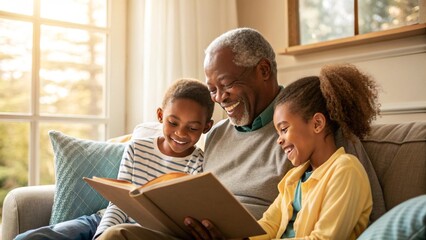 grandfather reading a storybook to his grandchildren