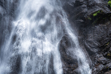 Beautiful waterfall in a tropical rainforest in a magical environment. Silk effect water in long...