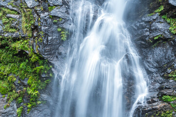 Beautiful waterfall in a tropical rainforest in a magical environment. Silk effect water in long...