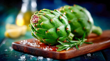Fresh artichokes with dewdrops and ice cubes on a dark background, garnished with rosemary