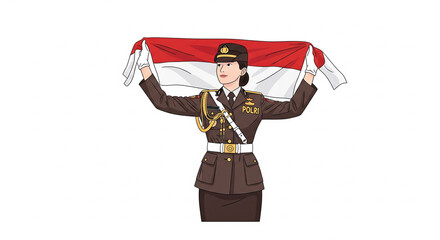 Fototapeta premium Proud Indonesian police officer proudly holding national flag, symbolizing patriotism and service