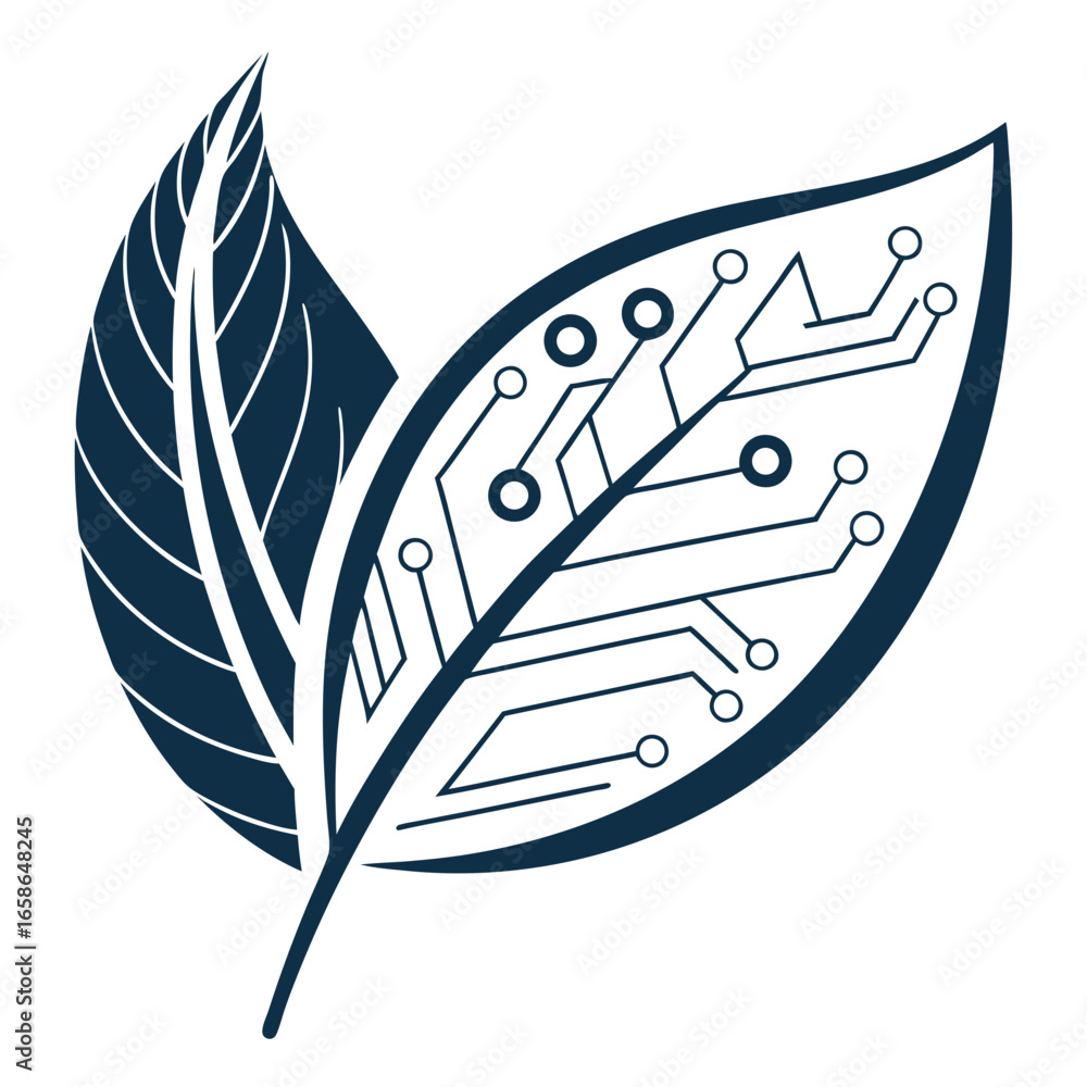 Poster digital nature abstract illustration of leaves with circuit board patterns symbolizing technology an