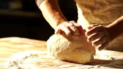 Baker's hands kneading fresh bread dough on a floured wooden kitchen counter.