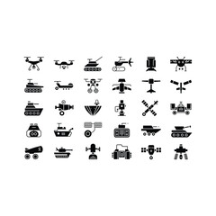 Fototapeta premium Collection of military and aviation vehicle icons in a grid layout