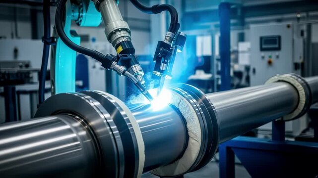 Robotic arm performing orbital welds on largediameter vacuuminsulated cryogenic piping demonstrating precision engineering and automation.