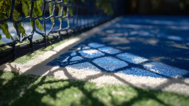 Capture the essence of summer sports with a detailed view of a padel net casting bold shadows on vibrant blue and green court tiles.