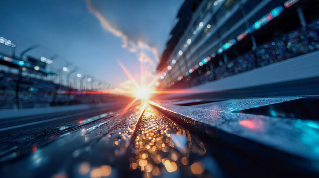 Sparks fly on a wet race track as a car speeds by under stadium lights at sunset