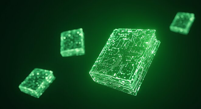 Glowing green circuit board book concept with floating data squares on a dark background