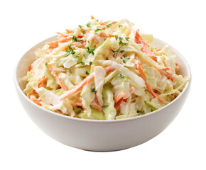 Close-up of fresh coleslaw, a side dish made with shredded cabbage and carrots.