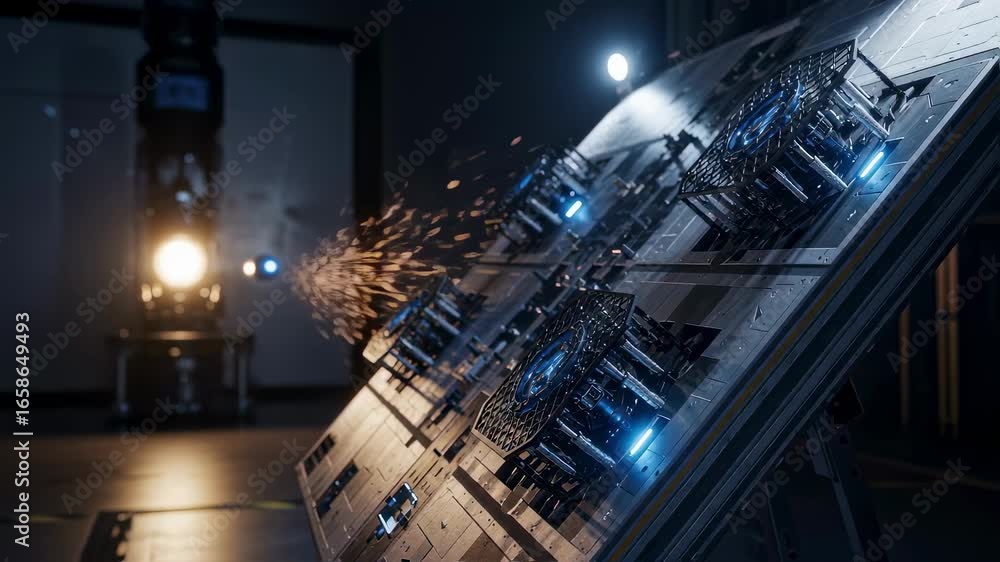 Poster Experimental setup showing debris capture systems integrated with orbital shielding panels in hypervelocity testing chamber.
