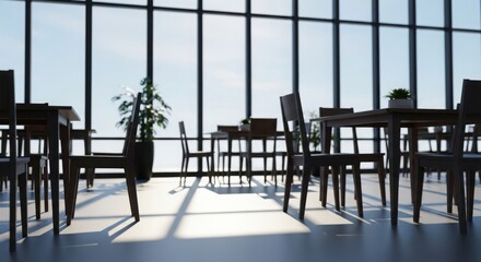 Interior view of a bright restaurant with tables and chairs near a large window during the daytime