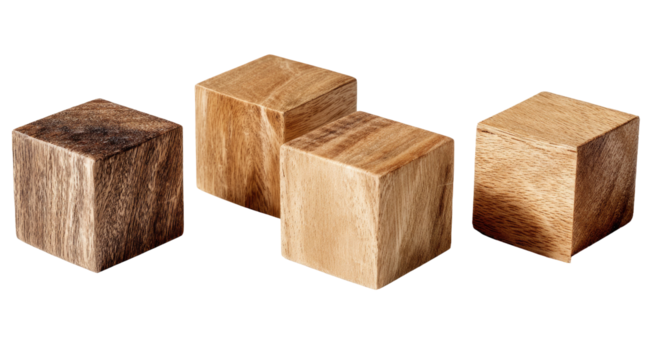Four wooden cubes of varying shades of light and dark brown wood.  Each cube is uniform in shape, and the wood grain is visible
