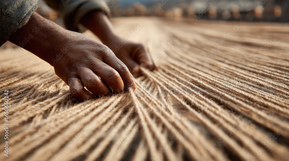 Poster close medium view capturing the detailed texture of hemp fibers as artisans methodically lay them ou