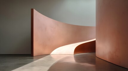 Modern Minimalist Interior with Sculptural Terracotta Walls and Dynamic Sunlight Shadows