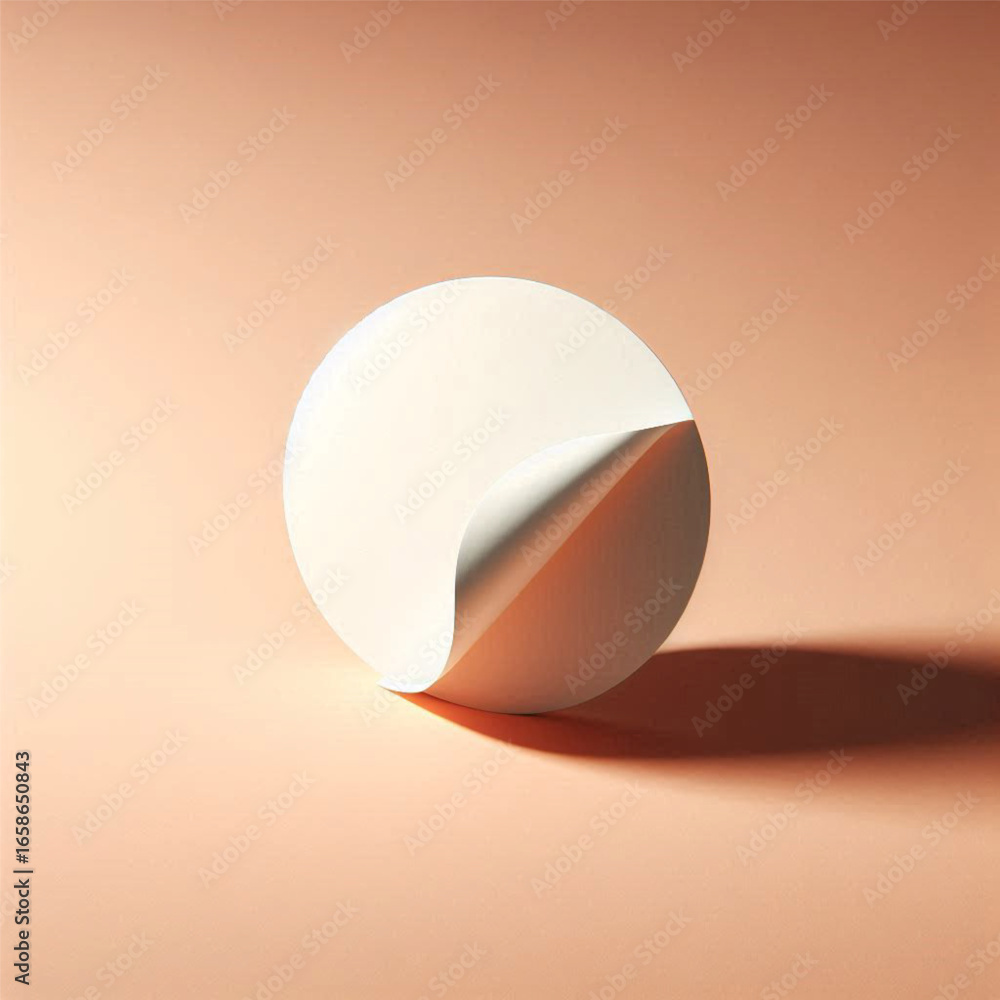 Aufkleber minimalistic round paper with a curled edge on a soft peach background, showcasing simplicity