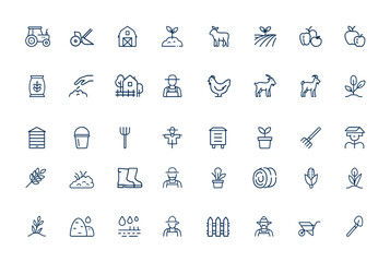 Linear style line icons set featuring farming, agriculture, livestock breeding, animal husbandry, and farm concepts. Editable stroke infographic pictogram outline icons, rural, crops and more. © Icons studio