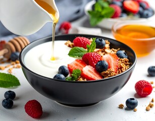 Yogurt parfait with granola, berries, and honey
