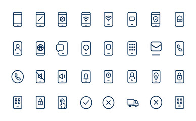 Linear style line icons series featuring editable stroke smart phone, mobile, gadget, and technology symbols. Outline pictogram, infographic, web icon, conceptual design and more.