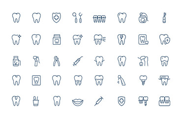 Linear style outline icons series featuring dentistry and oral health. Dental supplies and healthy teeth symbols. Conceptual infographic and pictogram for dental care, hygiene, clinic and more.