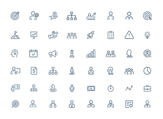 Strategic business icons set in linear outline style. Editable vector pictograms for goal setting, financial planning, management, success, growth, leadership, organization, analysis and more.
