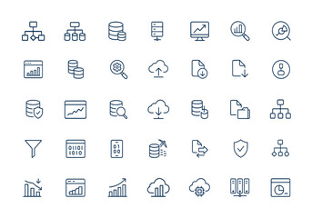 Linear style outline icons set featuring digital data processing, database management, server storage, data analysis, optimization, retrieval, pictograms, and infographics, vector symbols, and more.