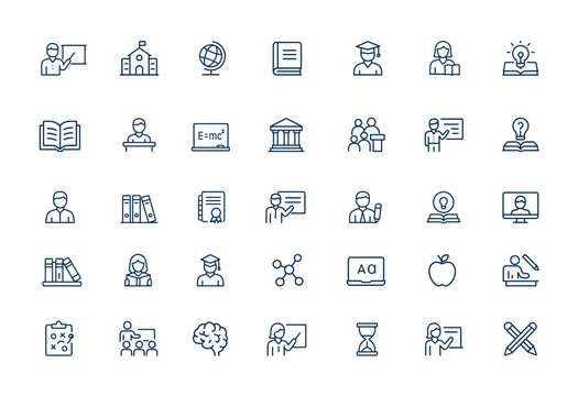 Linear style outline icons set featuring education, teaching, teacher, knowledge, school, university, books, infographic, and conceptual pictograms for learning and academic themes and more.